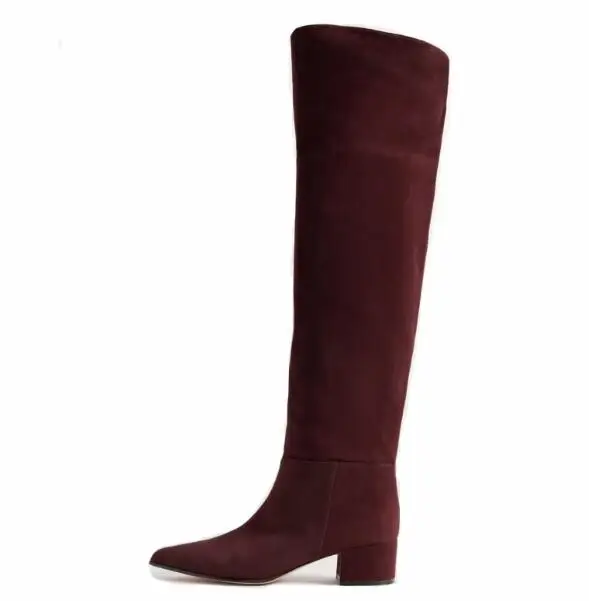 Winter Black Brown Burgundy Fur Warming 45 mm Square Heels Over The Knee Boots Women Leisure Pointed Toe Suede Long Botas Shoes