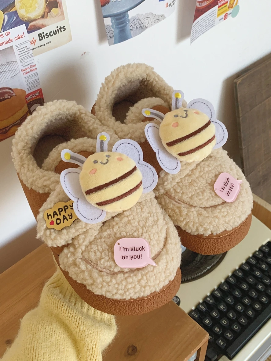 Bee Cute Cotton Home Slippers Shoes Female Winter Parent-child Wearing Non Slip Warm Boys' Girls' Baby Shoes Household Slipper