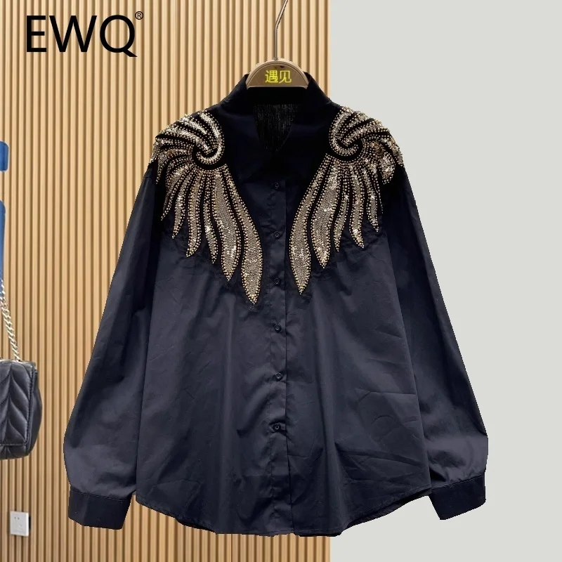 EWQ Streetwear Fashion Embroidered Flares Sequins Blouse Single Breasted Loose Women Shirts 2025 Spring New  Tide 27X2129