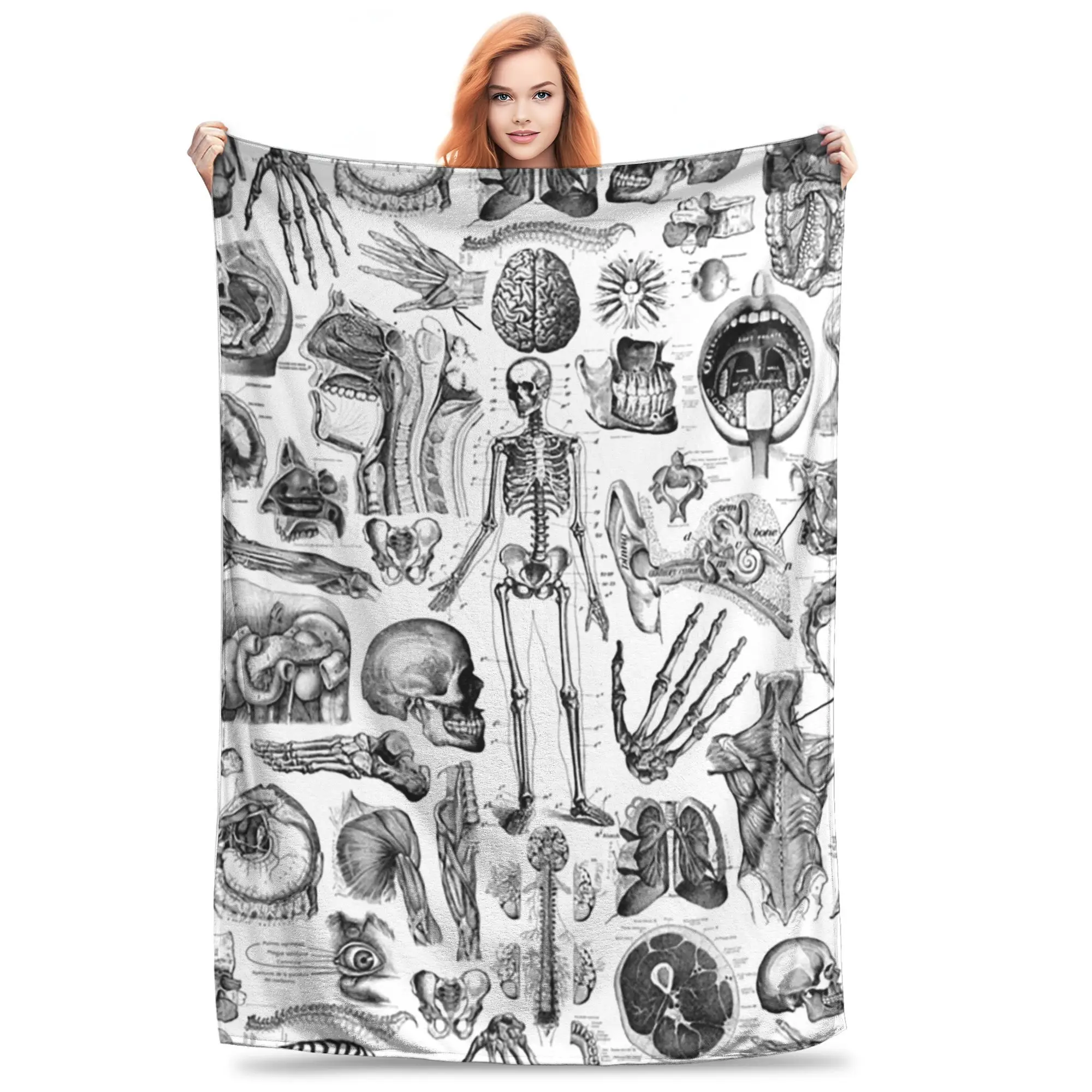 Human Anatomy White Print Blanket Soft Warm Flannel Throw Blanket Bedspread for Bed Living room Picnic Travel Home Couch