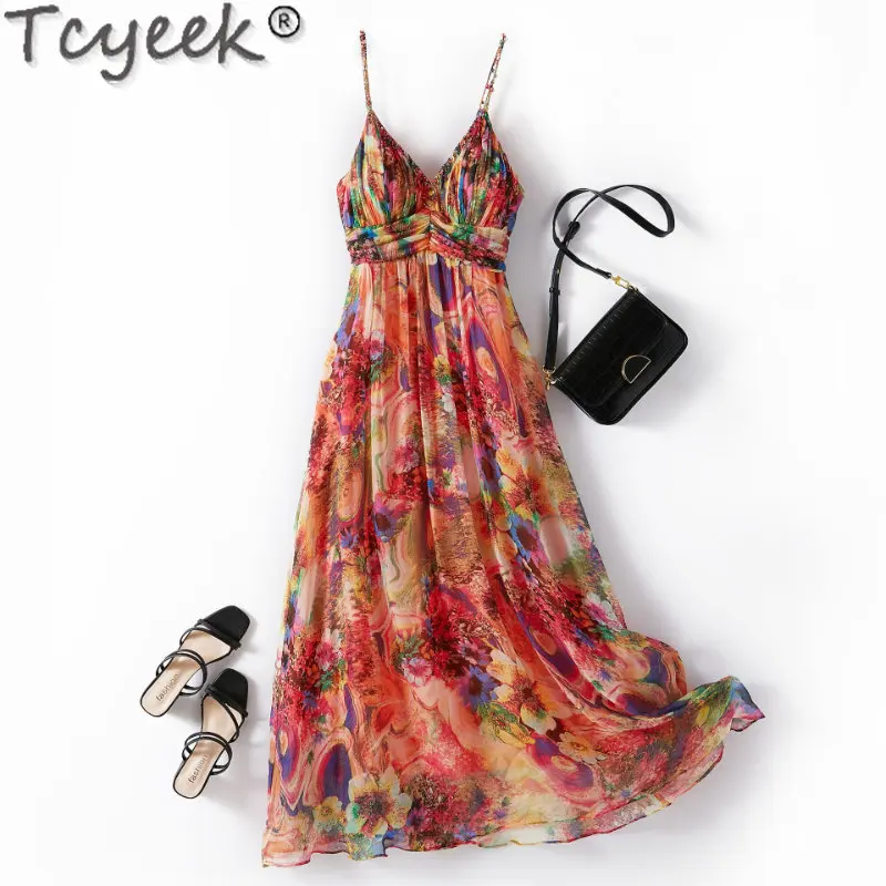 

Tcyeek 100% Mulberry Real Silk Dresses for Women Summer New Bohemian Long Slip Beach Dress Holiday Clothes Vestido Feminino Cjk