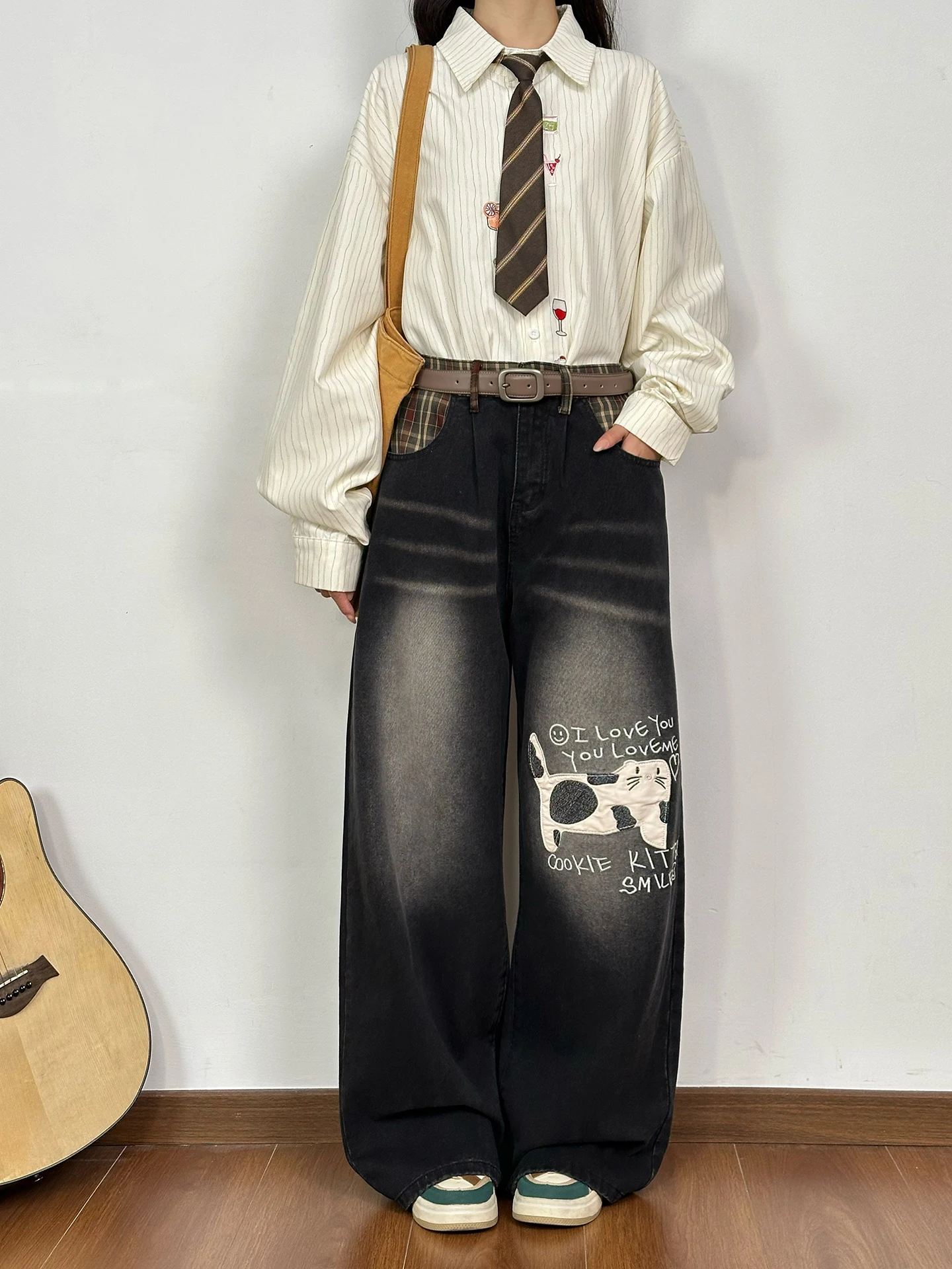 

Джинсы женские Waed American Sle, свободные, прямые, винтажные, с широкими штанинами, джинсовая ткань, с завышенной талией