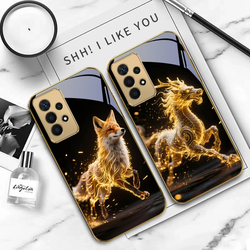 فخور هوانغ كيلين لسامسونج A 01 52S A04 A05S A10 A12 A13 22 23 24 36 42 M02 نوت 10 20 الترا 8 9 الزجاج الذهبي جراب هاتف #5