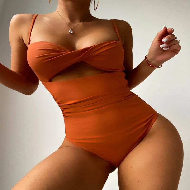 2024 Bikini Women's One-piece High Waist Swimsuit Sexy Sling Backless Bikini Solid Hollow Back Buckle SwimsuitsThong Bikini