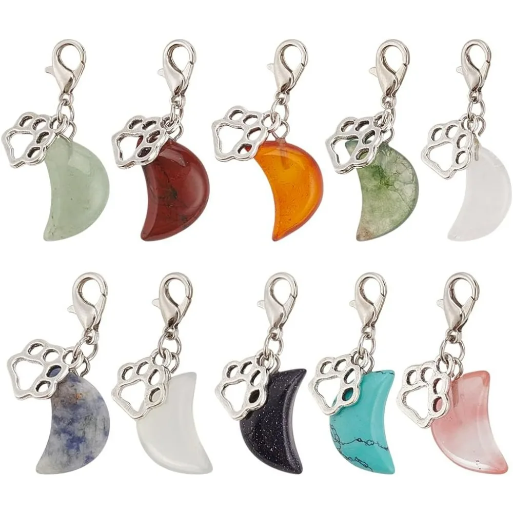 12pcs อัญมณีธรรมชาติสัตว์เลี้ยง Charms Moon Shaped เครื่องประดับ Charms สีสันสุนัข PAW PET Puppy COLLAR จี้ทําชุด