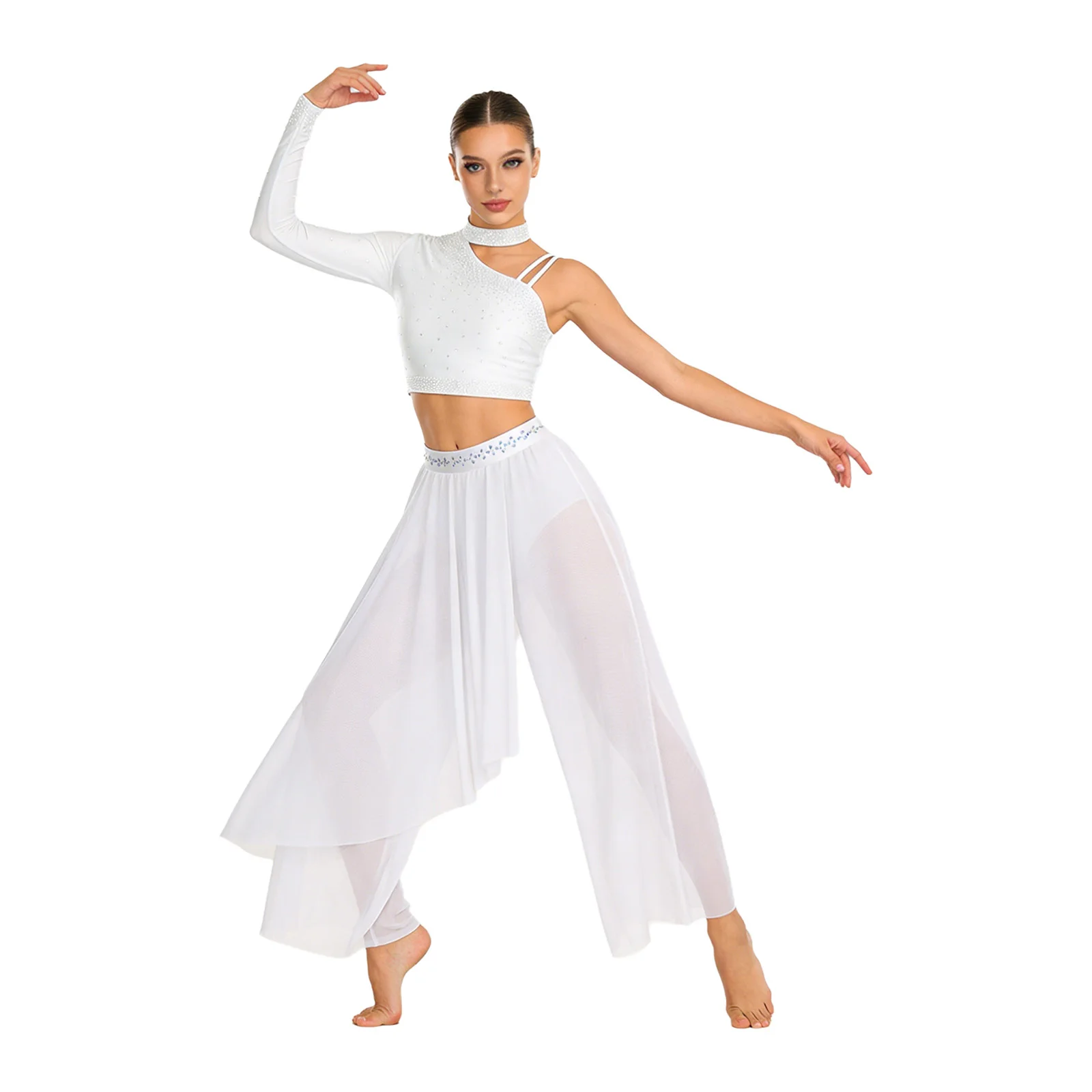 

Women's Lyrical Dance Outfit Single Long Sleeve Asymmetrical Shoulder Rhinestone Crop Tops And Built-in Briefs Pants Dancewear