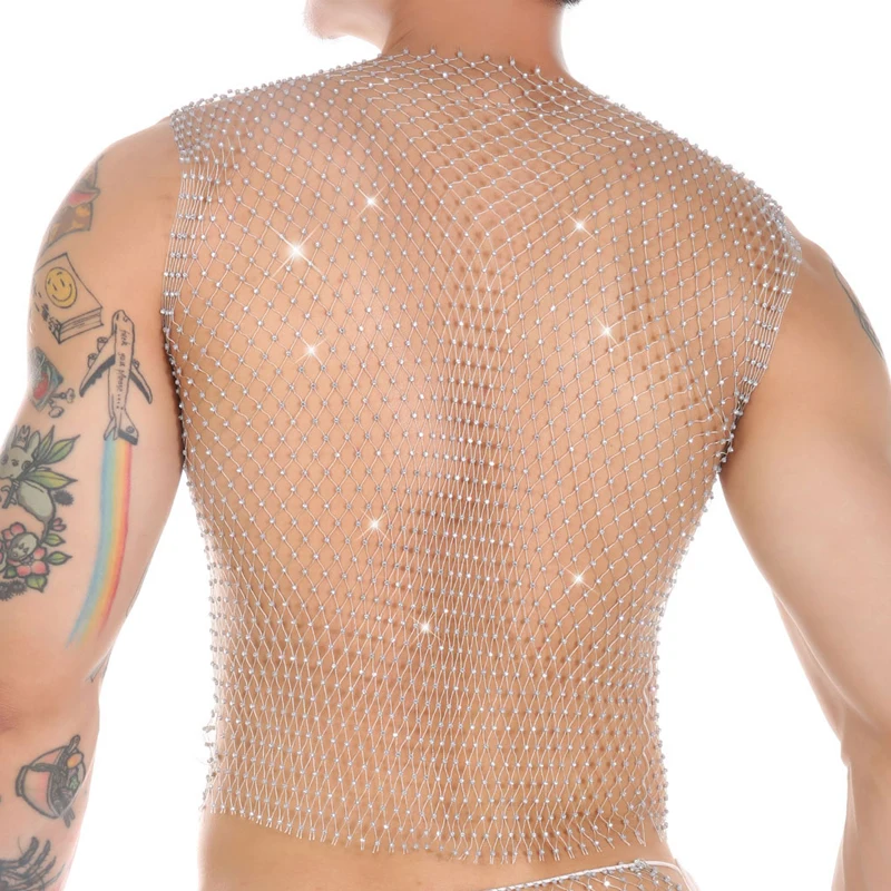 Camiseta Sem Mangas Transparente para Homens, Sexy, com Strass e Rede, Tops Musculares, Roupa de Lingerie