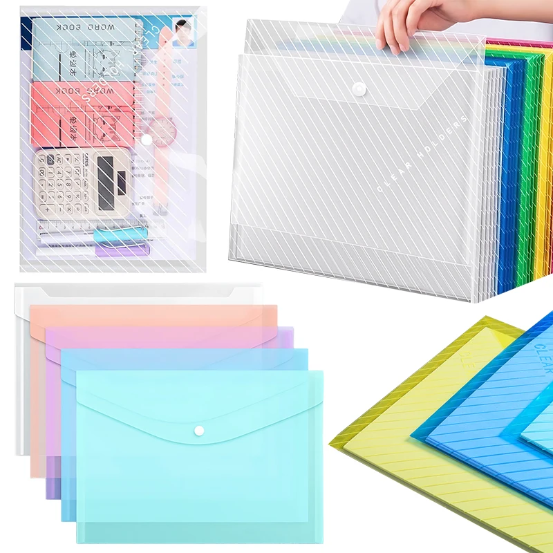 5PCS A4 Size Document Storage Bag Colorful Transparent Twill Waterproof Snap Buckles Portable File Bags Envelopes Stationery ZYF