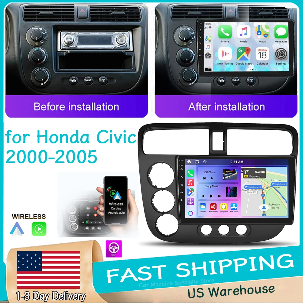 

9'' Android15 Car Stereo Radio for Honda Civic 2000-2005 with CarPlay Android Auto 2+32GB MirrorLink GPS Navigation FM SWC