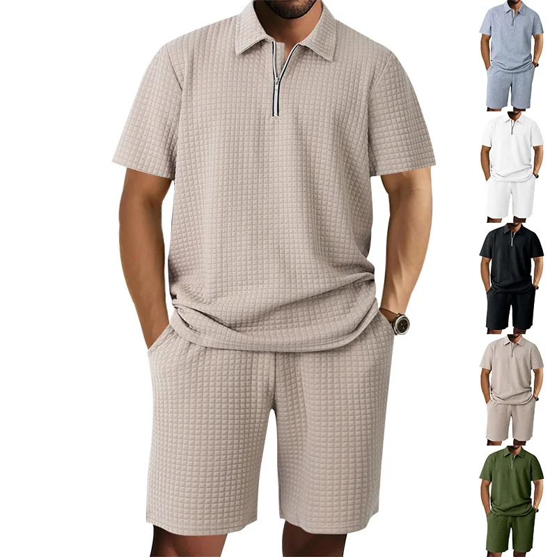 Summer New Men's Small Checkered Lapel Polo Shirt Short-sleeved Shorts Casual Sports Suit Mens Clothes Sweatpants