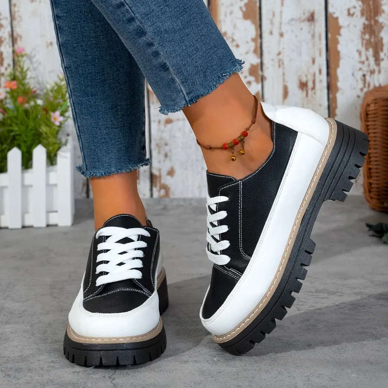 Women Platform Loafers Lace Up Chunky Sole Color Block Ladies Casual Shoes All Season Non Slip Walking Footwear Ladies Women's 2