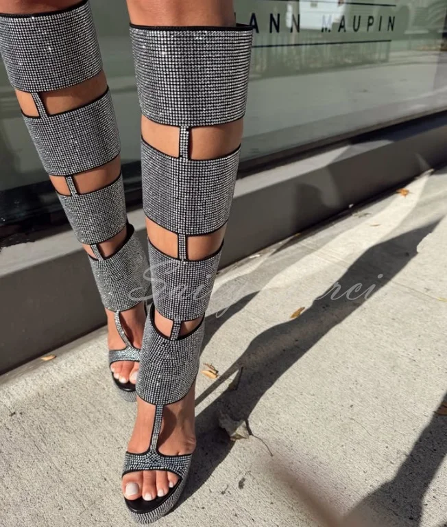 المرأة منصة عالية الكعب الصنادل الكريستال المفتوحة تو كعب ستيليتو الجوف قطع فاسق نمط الجانب سستة حجر الراين حذاء برقبة للركبة #2