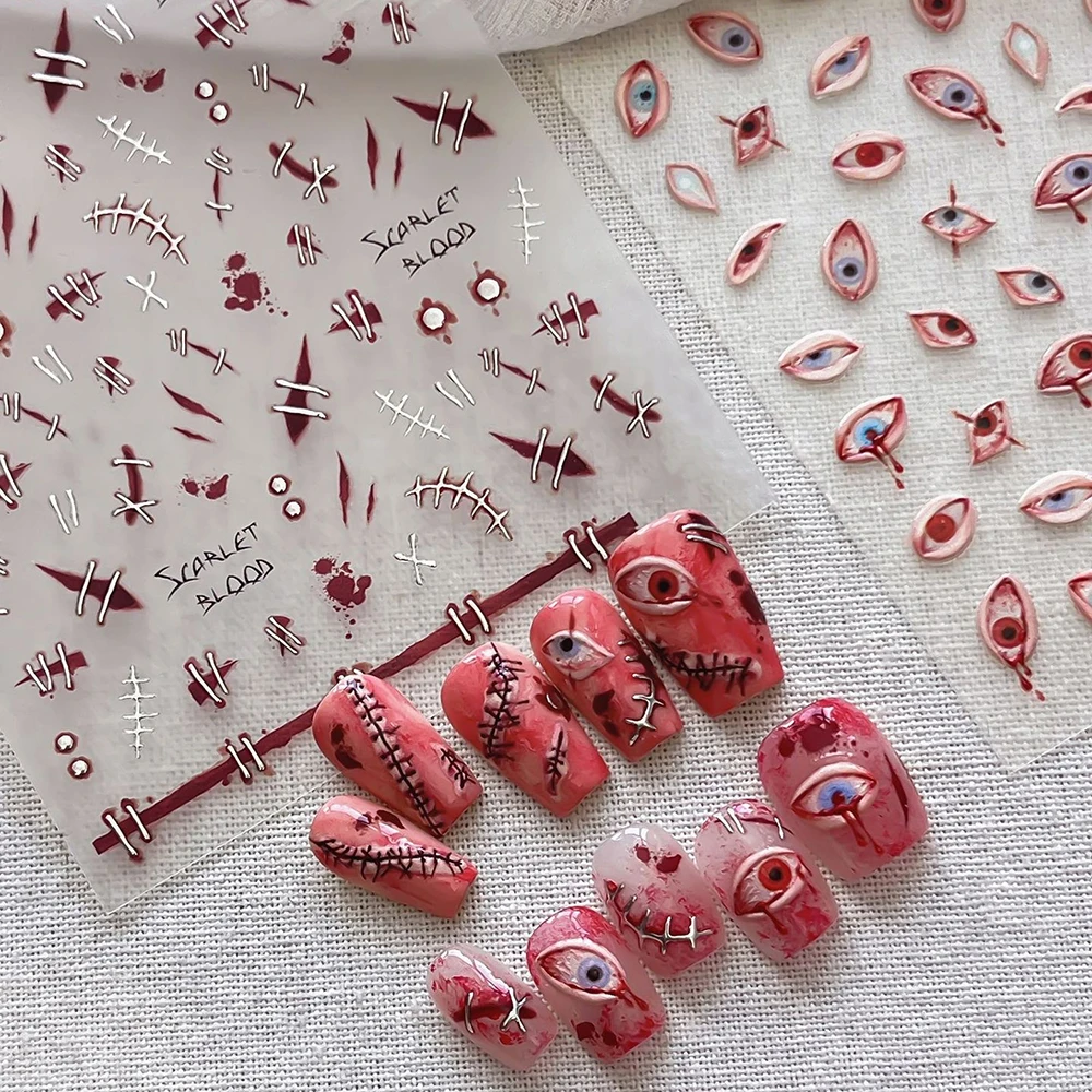 1 Stück 5D Geprägte Blutunterlaufene Augen Nagelaufkleber Horror Gruselige Rote Augen mit Blutrivern Nagelsticker Gothic Halloween Nagelkunst Deko – Detail 1
