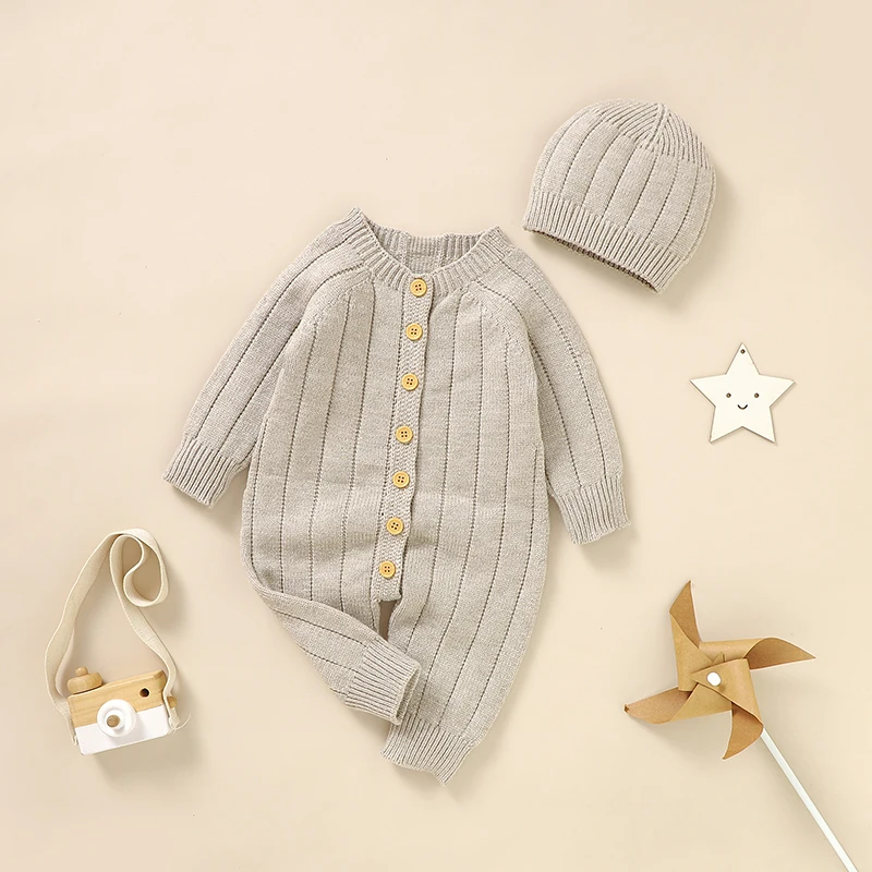 

Baby Jumpsuits Knitted Solid Color Newborn Boys Girls Full Sleeve Rompers Hats Clothes Sets 2pcs Infant Toddler Playsuits Outfit