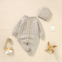 Baby Jumpsuits Knitted Solid Color Newborn Boys Girls Full Sleeve Rompers Hats Clothes Sets 2pcs Infant Toddler Playsuits Outfit