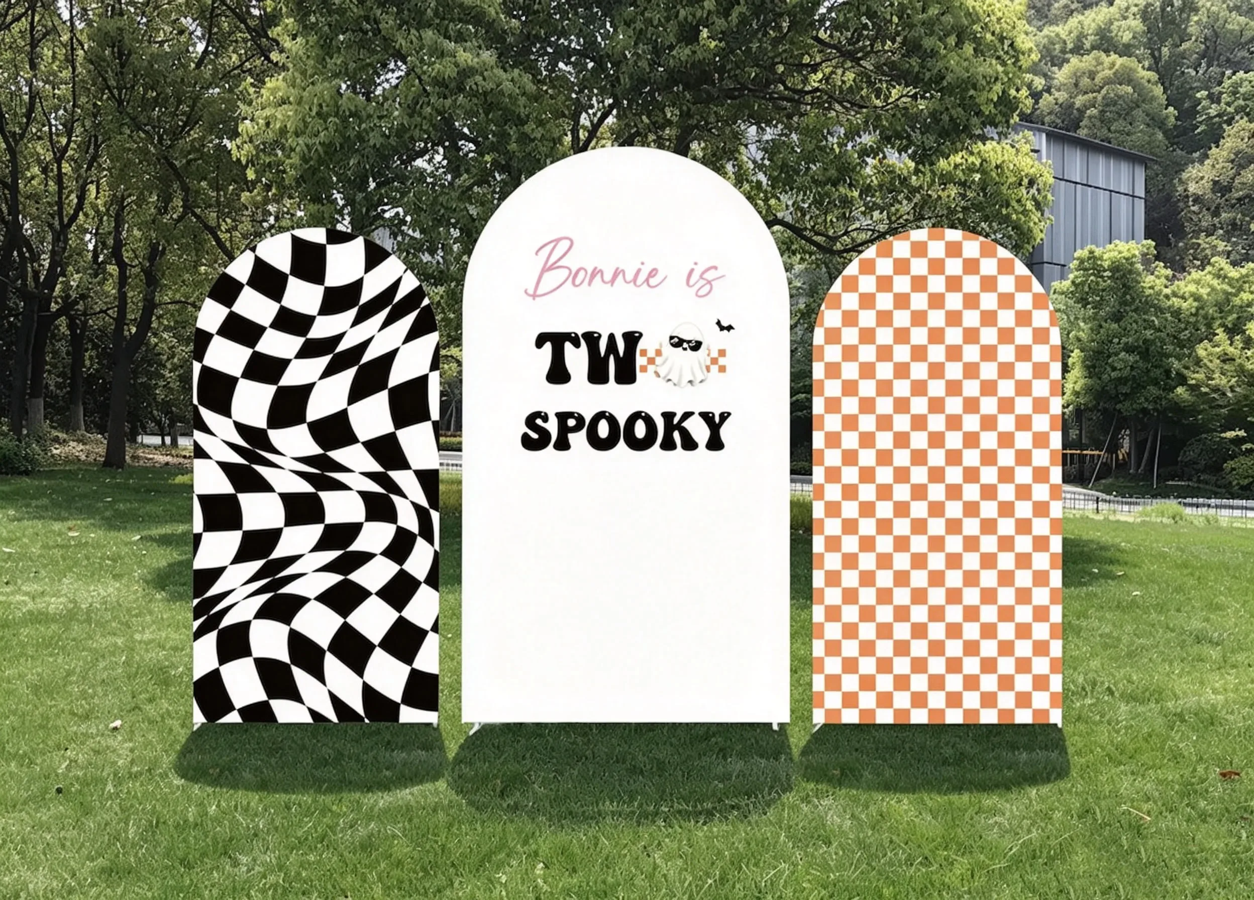 Custom 2-Side Two Spooky Baby Shower Arch Backdrop Cover Halloween Orange Checkered Birthday Party Decor Backdrop Photo