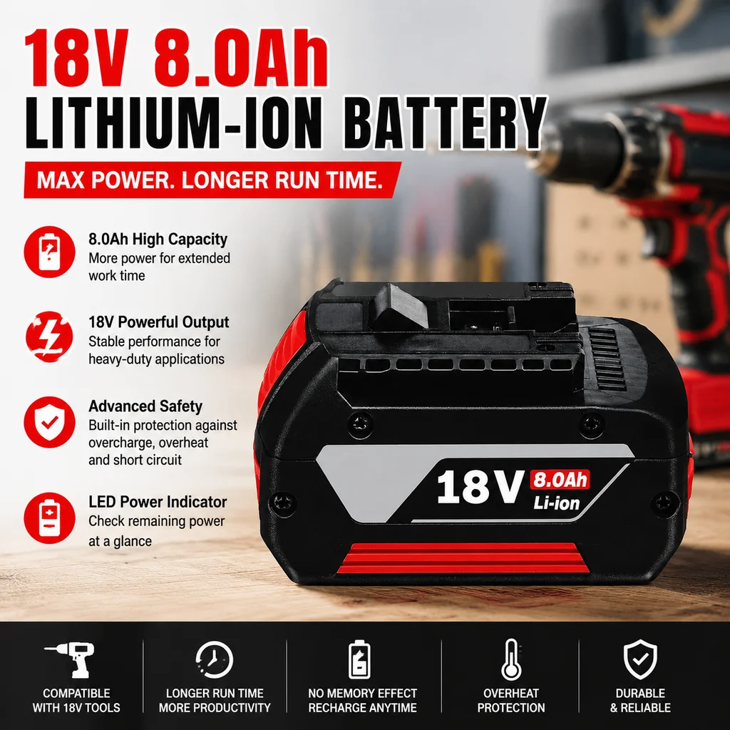 18V 8,0Ah Lithium-Ionen-Ersatzakku Kompatibel mit Bosch 18V Akku-Werkzeugen, Hochleistungs-Akku mit Mehrfachschutzsystem