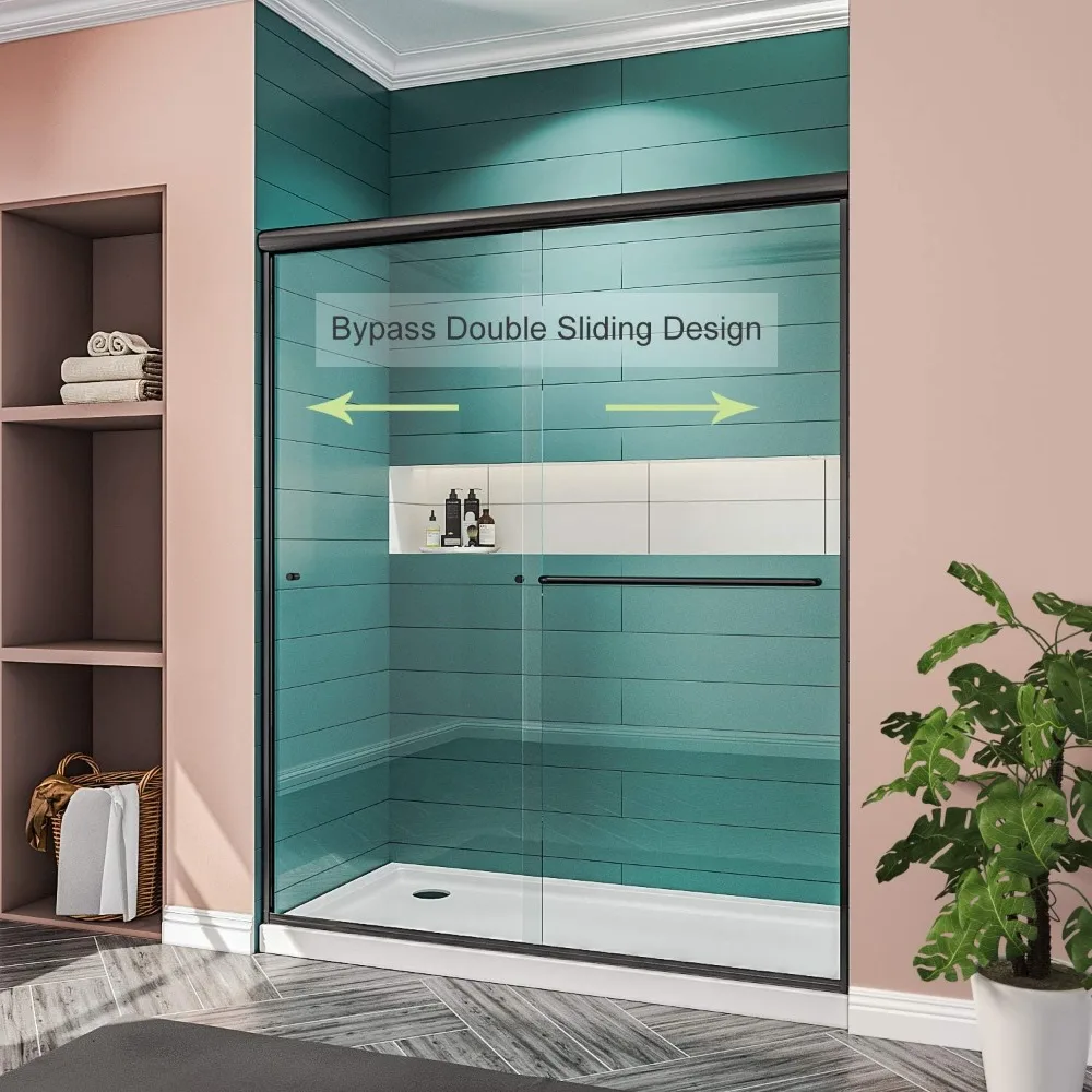 Sliding Shower Door, 58-60 in. Wide, Clear Glass Panel, with Handle, Stainless Steel Frame, Semi-frameless Sliding Shower Door