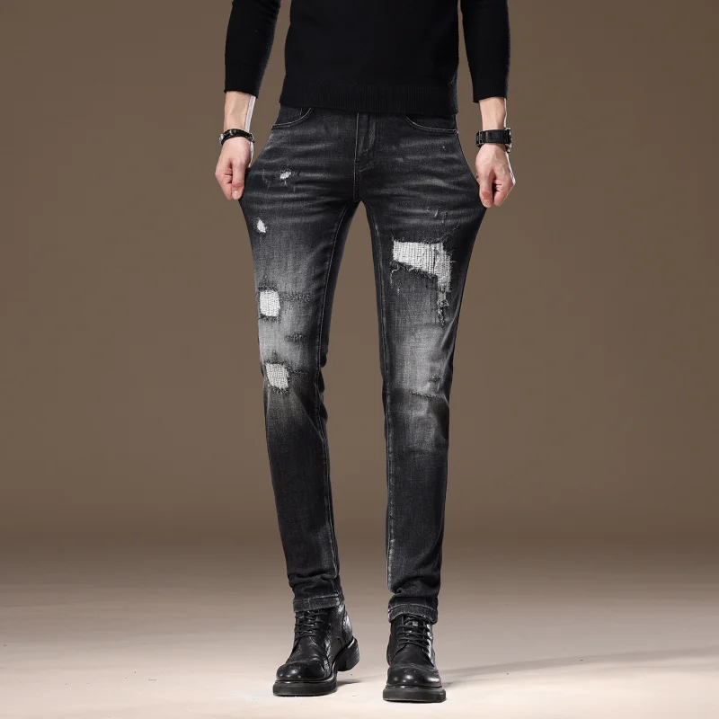 Мужские джинсы со сломанной нашивкой, эластичные маленькие ноги, модные повседневные уличные брюки в стиле ретро, красивые потертые американские брюки