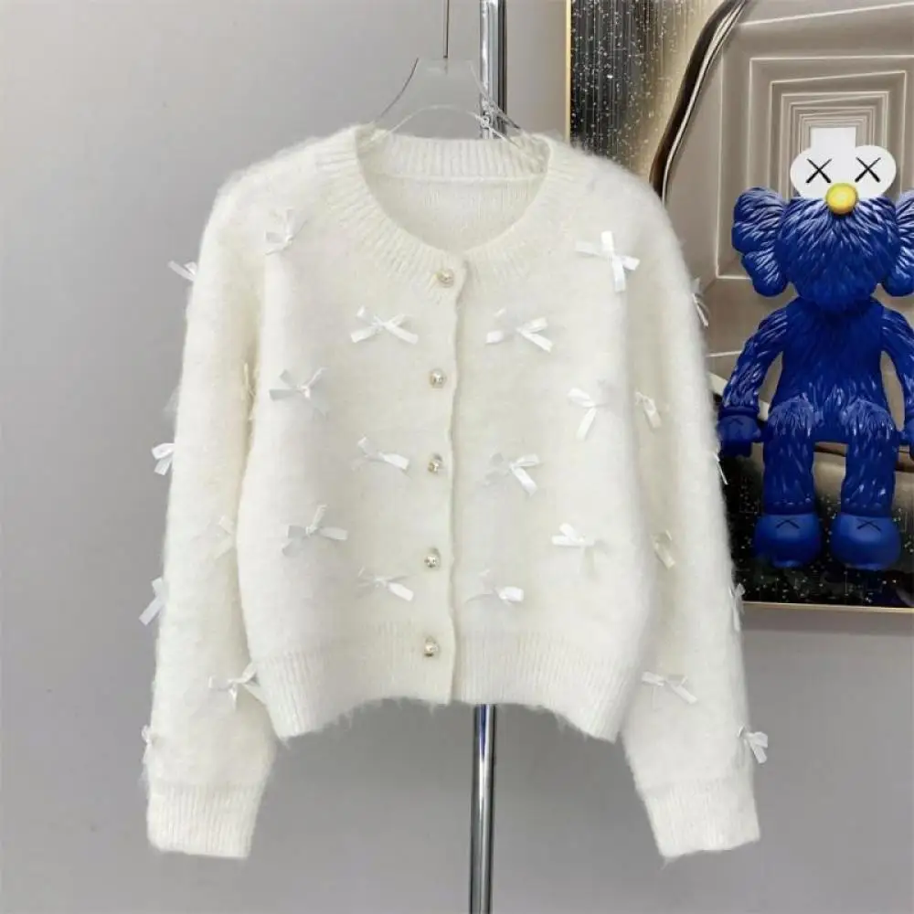 Korean Women 3D Bow Decoration Mohair Cardigans Grey White Sweater New Elegant Knitwear Tops 2023 Winter Fashion Clothes