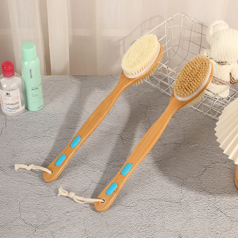 Natural Long Handle Bristle Brush Soft Wet Dry Skin Body SPA Massager Brush Bath Shower Brushes Exfoliating Bathing Brush Tool