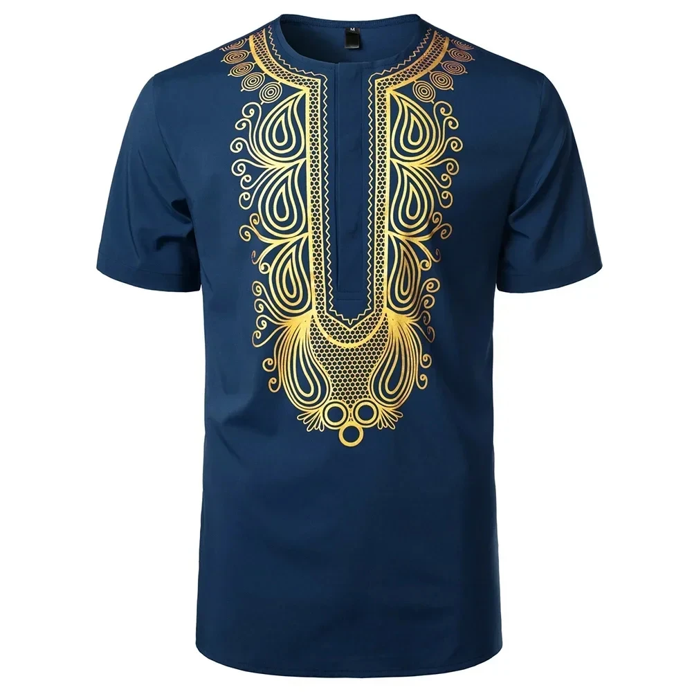 Camiseta de estilo africano para hombre, camisa con estampado dorado 3D, informal, de manga corta, holgada, de gran tamaño