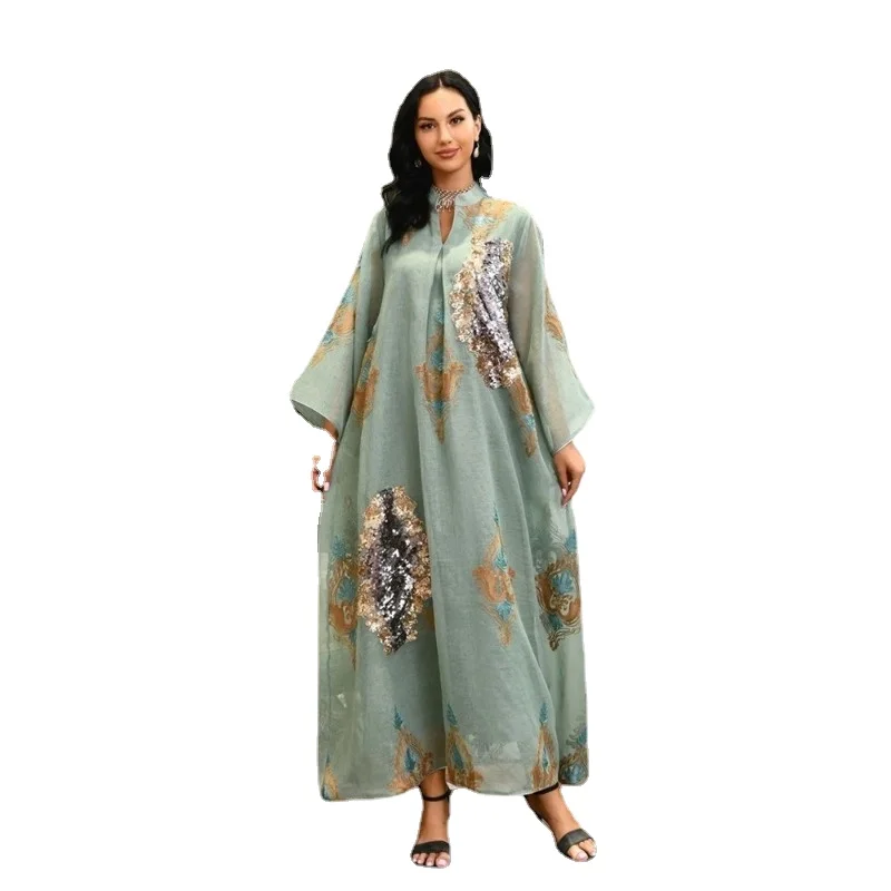 

Muslim Abaya Dress Dubai Ramadan Sequins Floral Embroidered Casual Loose Robe Moroccan Caftan Dresses For Women