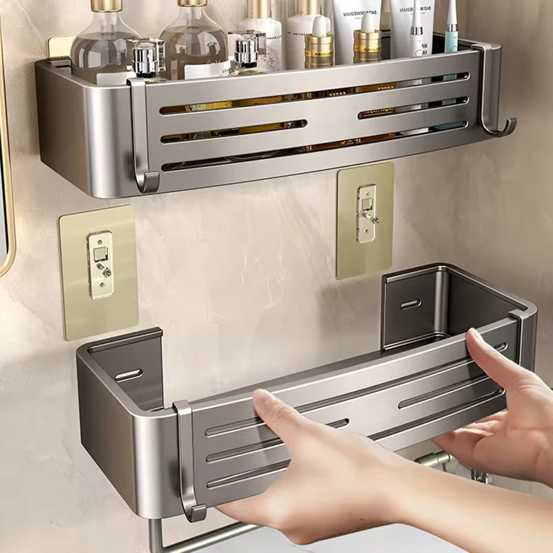 No Need To Drill Walls for installation Aluminum Bathroom Shelf Shelves Shampoo Rack Storage Holder Kitchen Organizer Wall Rack