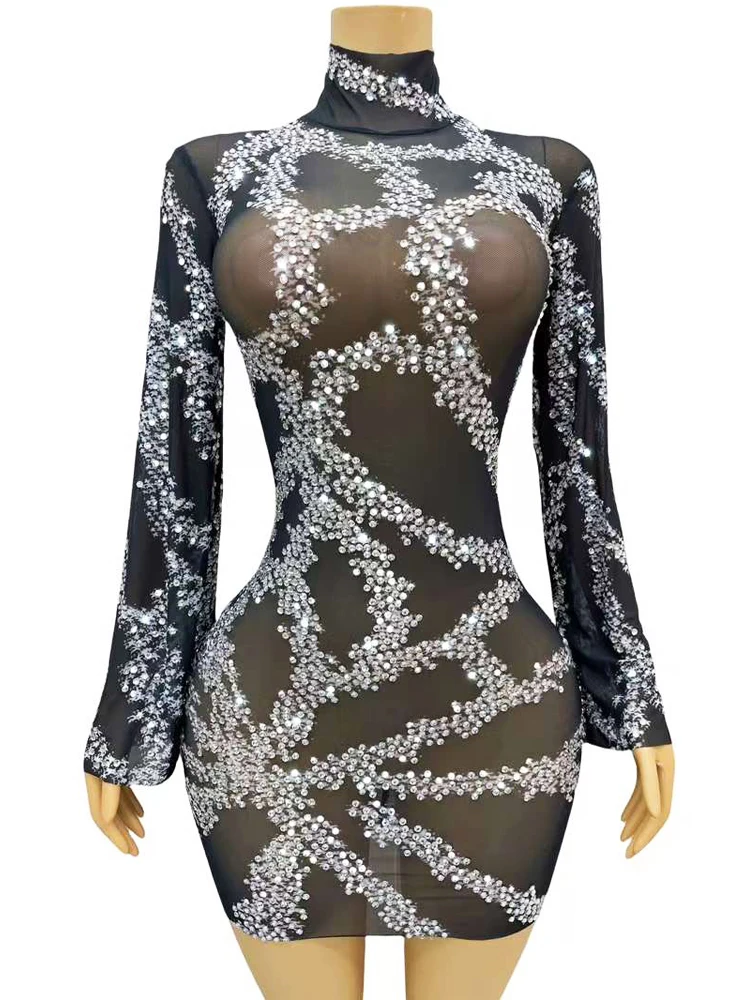 

Sexy See Through Black Mesh White Printing Short Dress for Women Evening Prom Party Wear Photo Shoot Stage Performance Costume