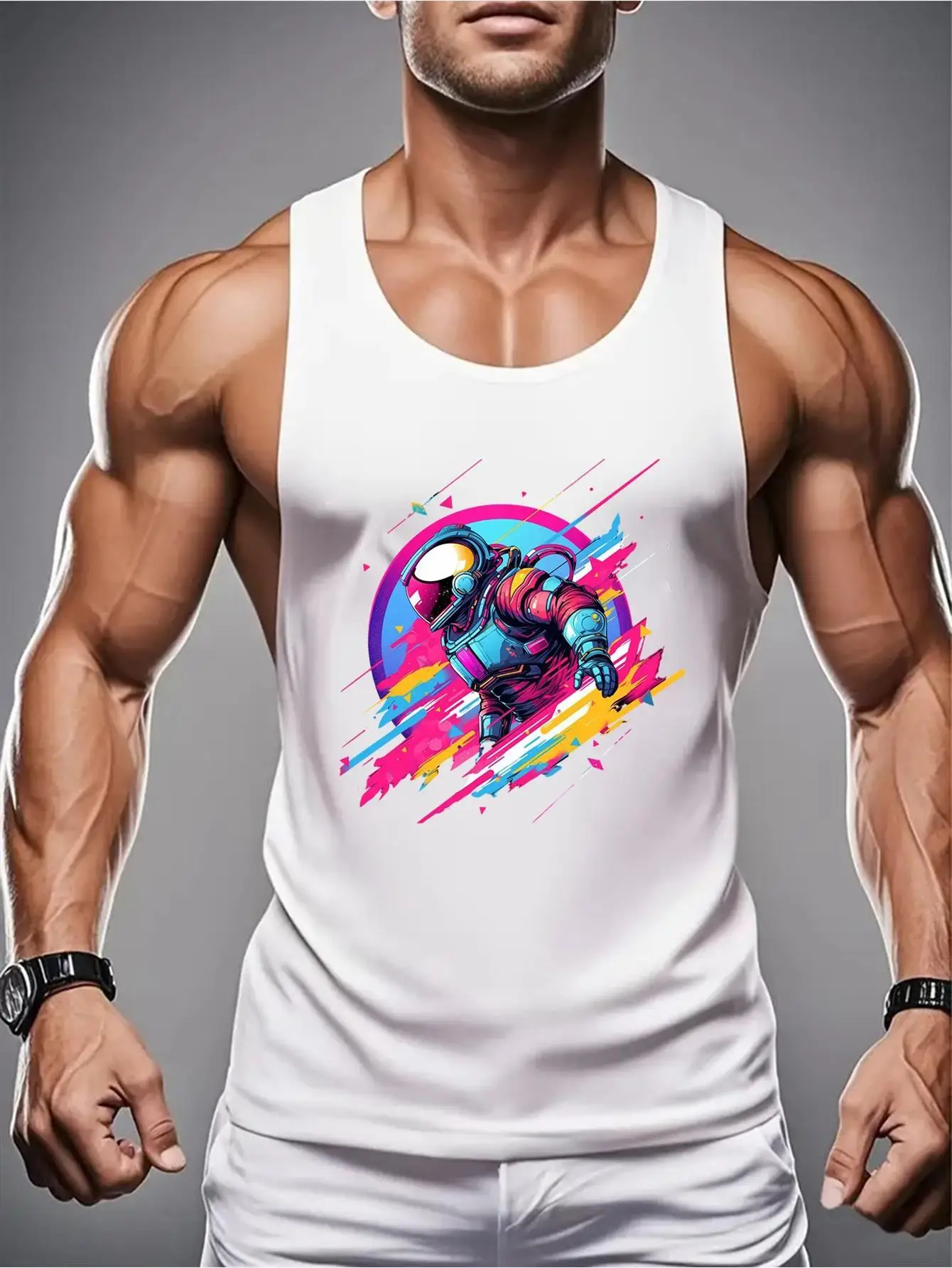 

Жилет с космическим принтом для мужчин - белая безрукавка с изображением разноцветных планет и неоново-розовыми/синими/фиолетовыми принтами.