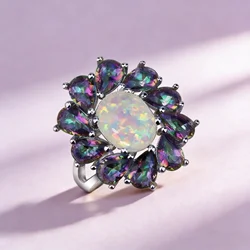 Luxury Floral Rainbow Stone & White Opal Birthstone Rings For Women Fashion Vintage Jewelry Christmas Wedding Gift for Lovers