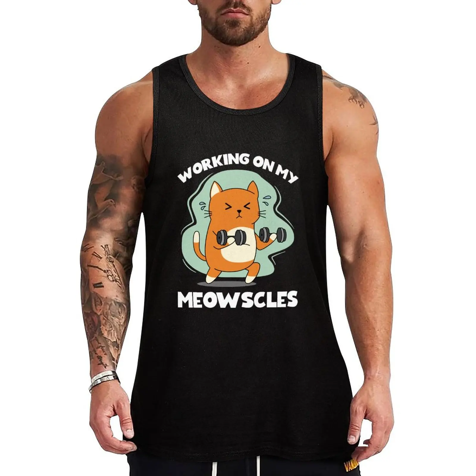 Working on My Meowscles - Cat Fitness Workout Tank Top male top Sports clothing gym clothes man Men's summer t-shirt