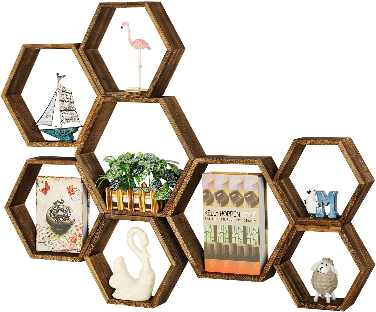 

Set of 8 Wood Hexagonal Floating Farmhouse Storage Honeycomb Shelf for Bathroom