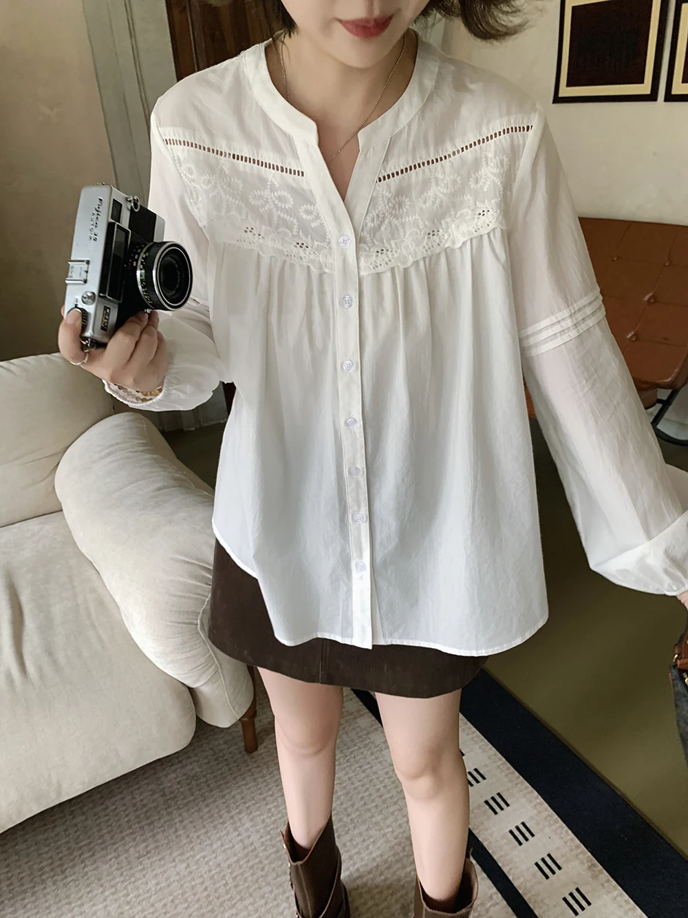 

ELINSU Spring Autumn Gentle Sle V-Ne Long Sve Women's irt Design Sensation French Sle Loose Fit Pure Cotton irt