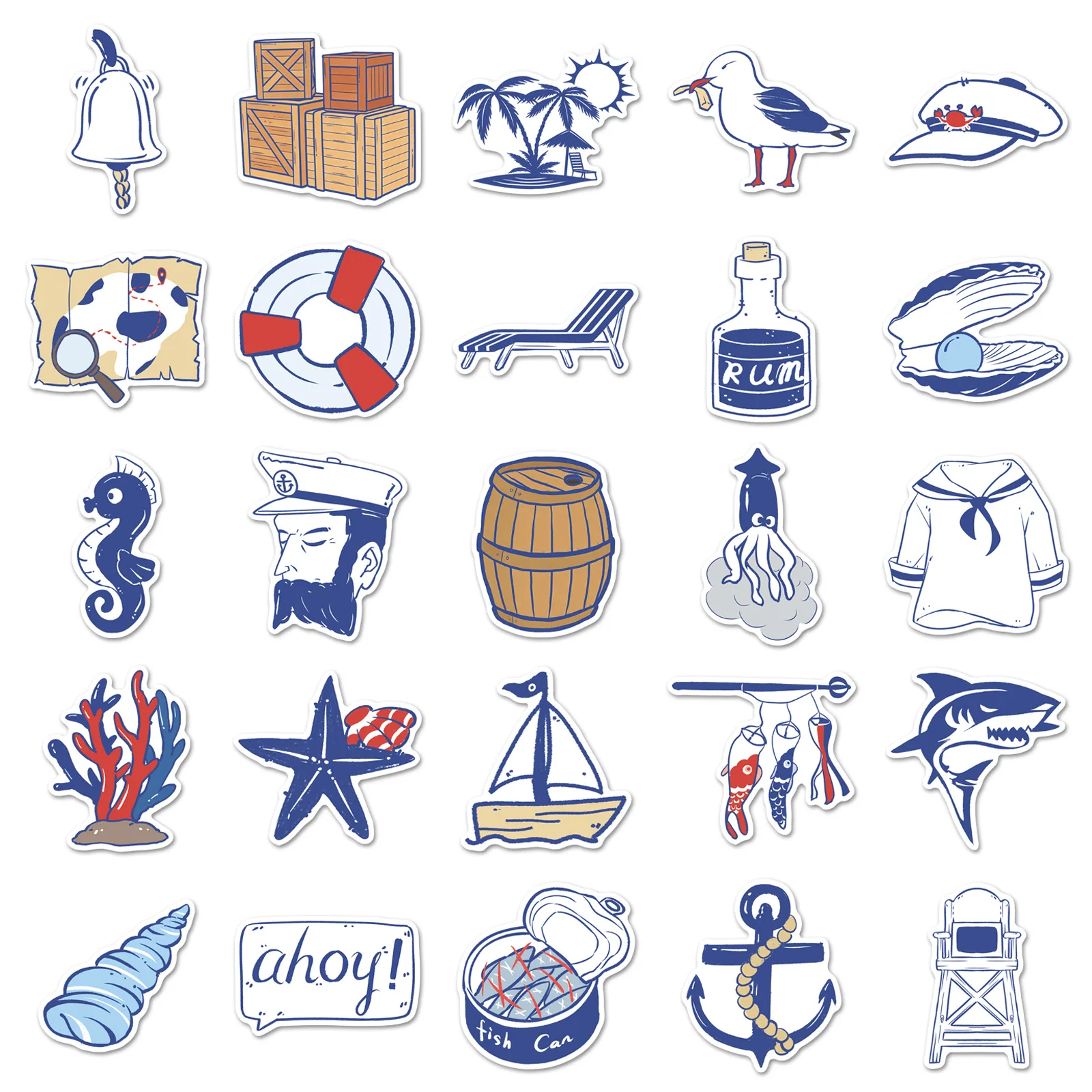 

50PCS Nautical Navy Style Stickers Blue White Ocean Sailor Nautical Adventure DIY Decorable Luggage Waterproof Stickers Kids Toy