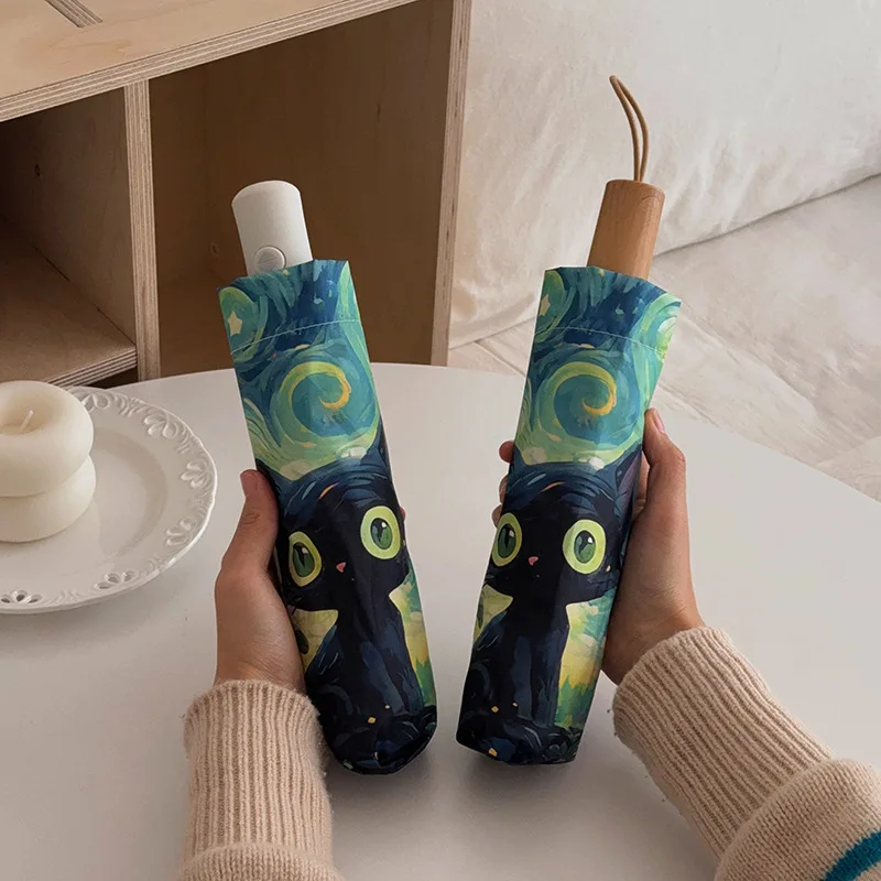 Summer Green Starry Sky Cartoon Cat Automatic Sunshade Folding Portable Umbrella Sunscreen Uv Protection Exquisite Trendy Gift - view 4