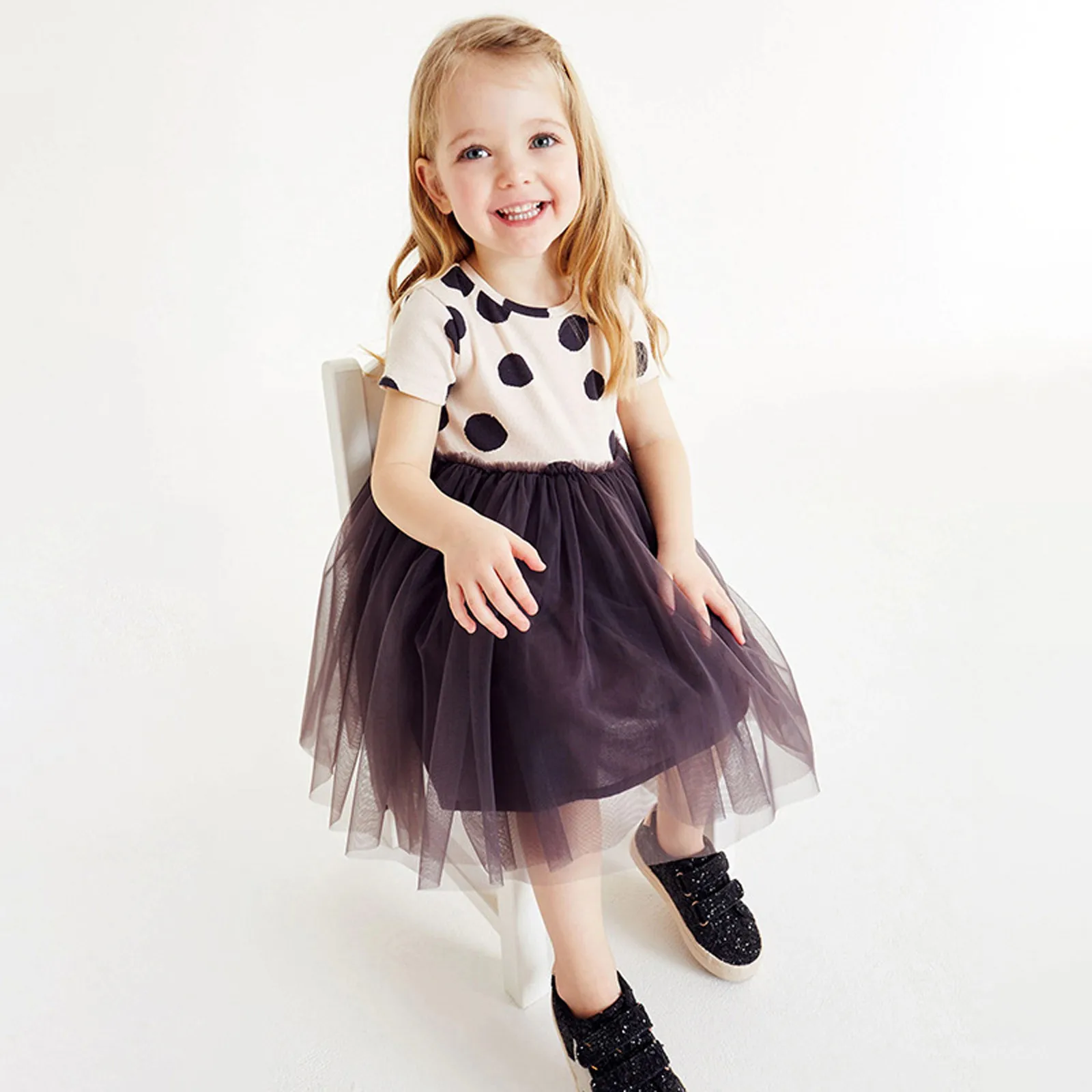 1-6 Years Girls Tulle Dresses Short Sleeve Summer 2024 New Dot Black Fashion Children Party Dresses Baby Girls Priness Dresses