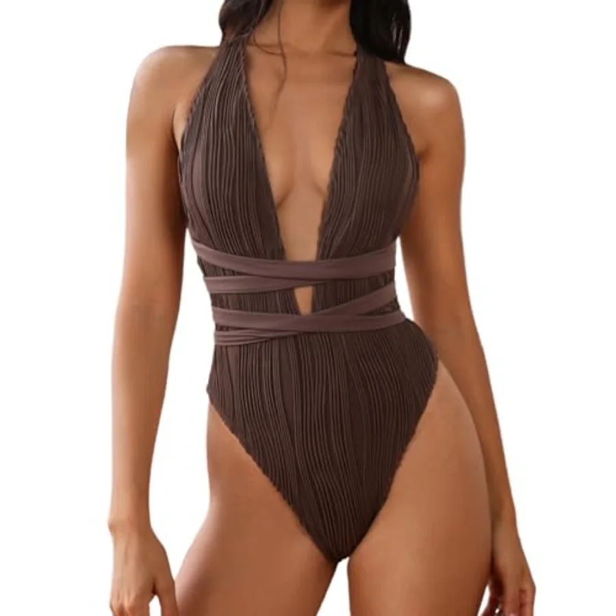 

ZAFUL Women's One Pcs Swimsuit Deep V Neck Ribbed Self Tie Sexy High Cut Bathing Suit Crisscross Back Swimwear
