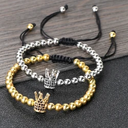 New Bracelet Micro Pave King Queen Crown Braided Gold Color Beaded Bracelets Bangles Adjustable Couple Jewelry Friendship Gifts