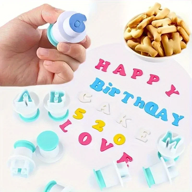 36/62 Uds. Juego de cortadores de galletas de Fondant con alfabeto y números con pegatina, molde para sellos de galletas para decoración para hornear, regalos de cumpleaños y Navidad