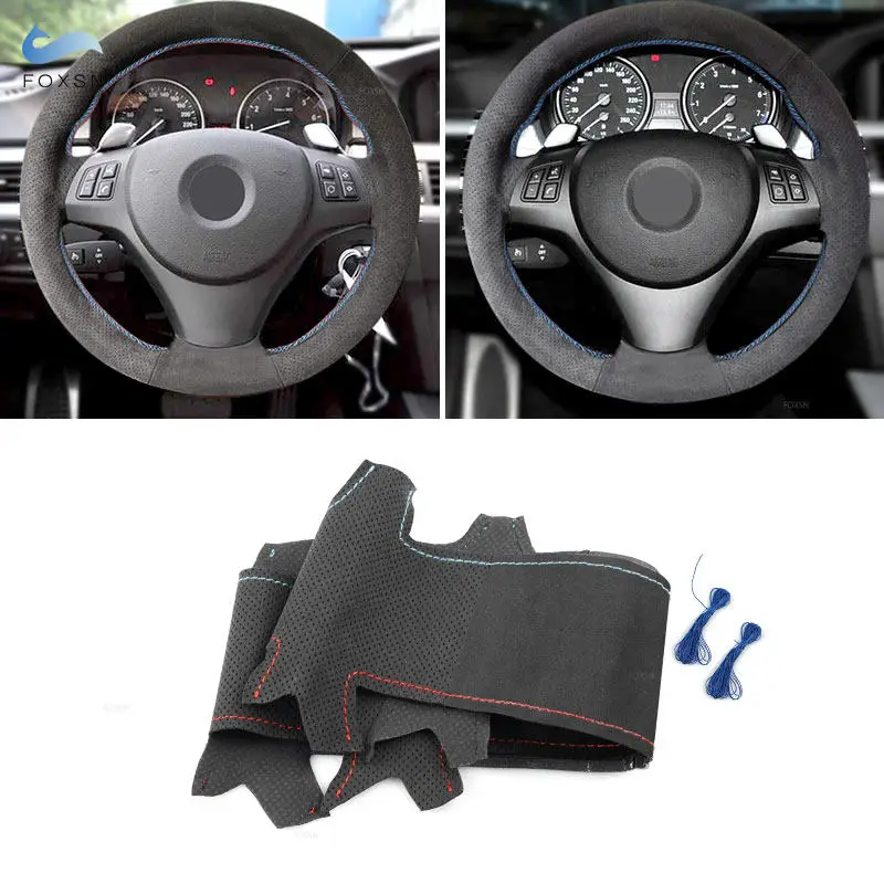 

1.2mm Suede Leather Red Blue Threads Car Steering Wheel Cover Trim For BMW X1 E84 2011-2013 (old style) E90 320i 325i 330i 335i