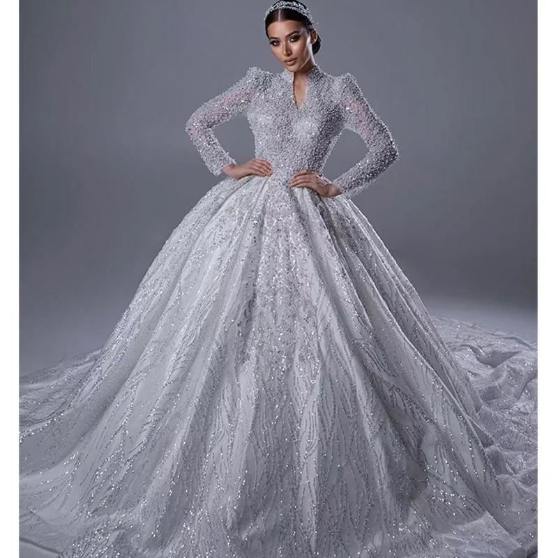 

Luxurious Weddingdress Fully Beaded Princess Ballgown Fullsleeve High-Neck Customized Bridedress Laceup Sequins Vestido De Novia