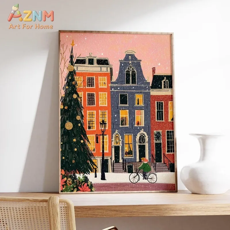 Christmas City Canvas Wall Art Dutch Canal Houses Bicycle Snowfall Scene Art Print Winter Home Wall Print Unframed Canvas Poster