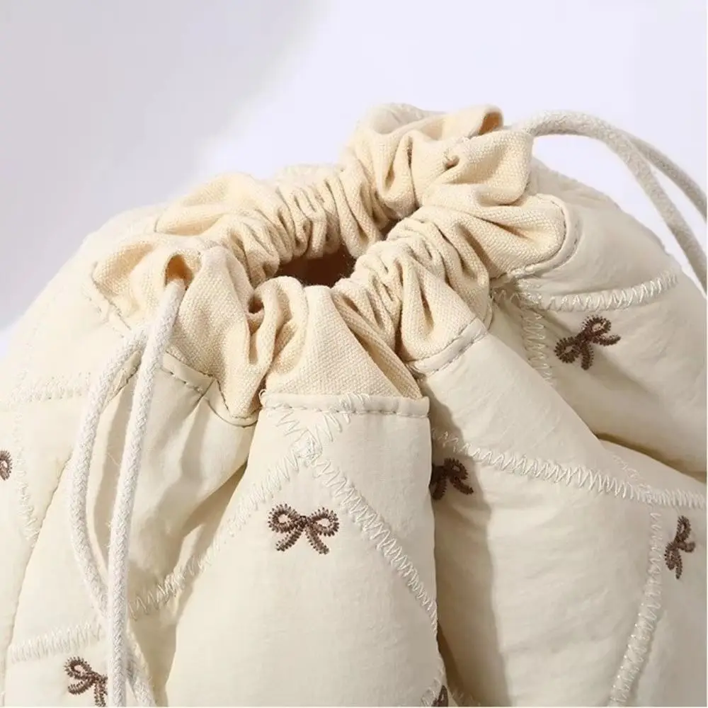 Bowknot Printed Drawstring Makeup Bag Quilting Cotton Large Capacity Travel Toiletry Pouch Lightweight Soft Fabric