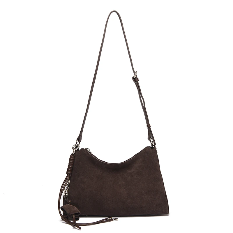 100% Echtes Wildleder Damen Schulter-Umhängetaschen Retro Echtleder Handtasche Designer Große Kapazität Pendler-Handtaschen – Detail 25