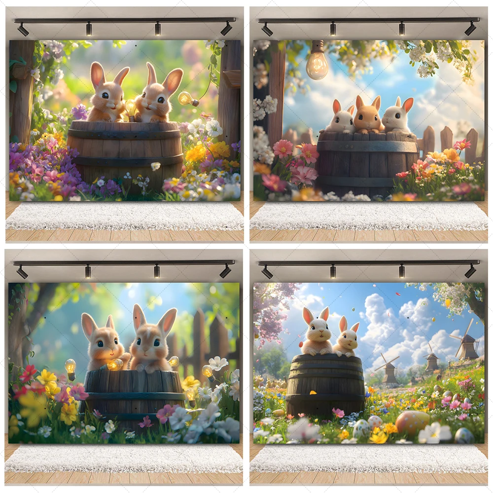 

2025 Easter Rabbit Background Spring Green Grass Colourful Flower Cute Bunny Baby Photography Studio Props Party Room Decor Gift
