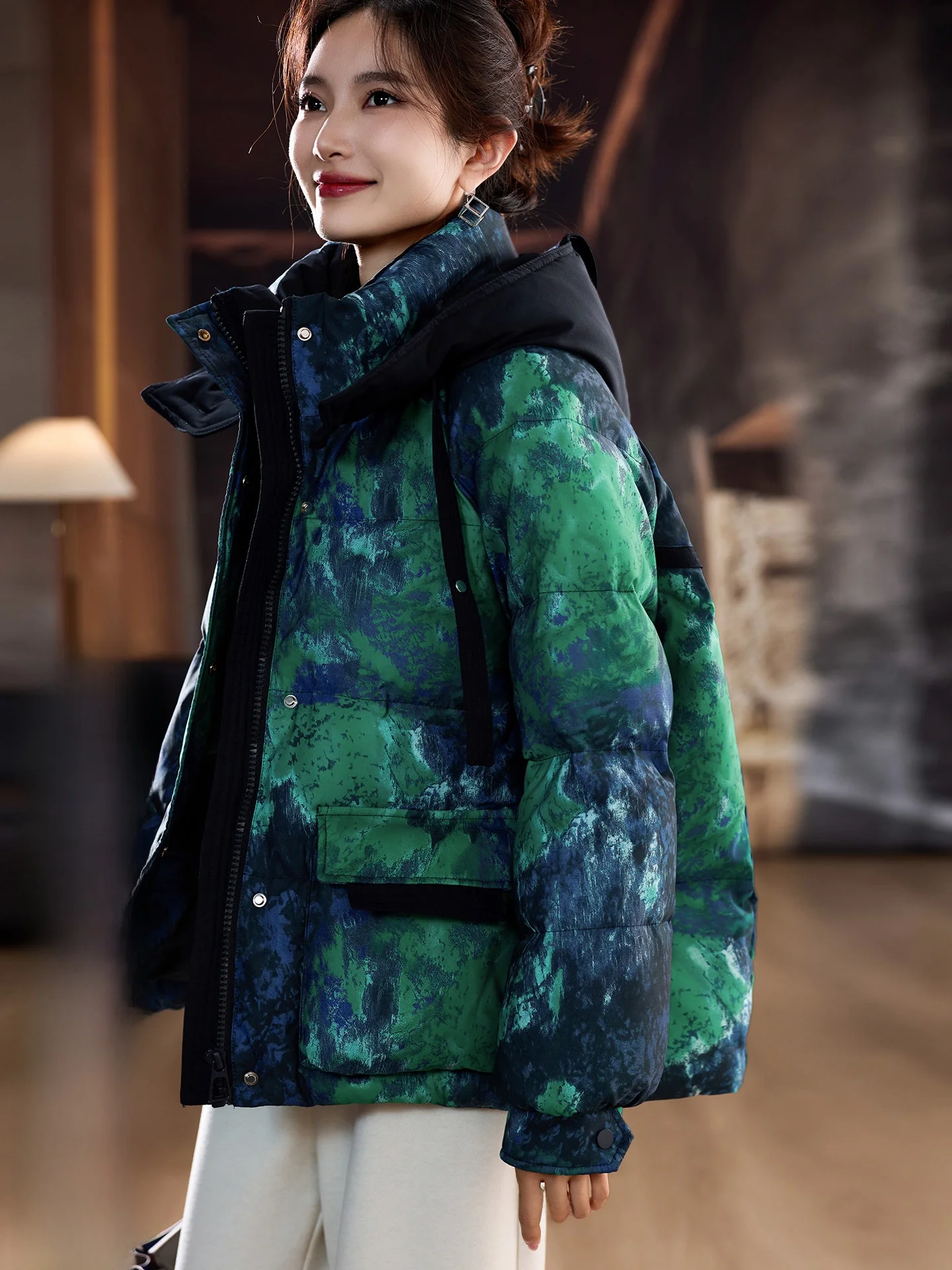 

Thiened Hooded Cotton Jaet Women's Winter New Sle Warmth Printed Casual Outerwear Street Sle Loose Fit Zipper Closure