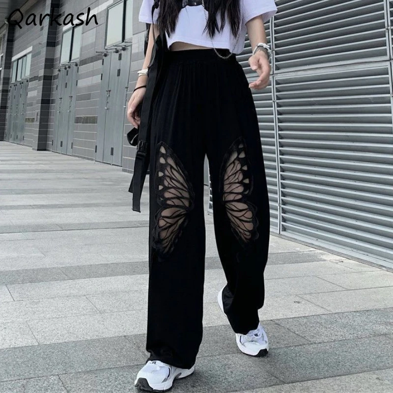 

Black Casual Pants Women 4XL Butterfly-lace Hollow Out Spring Korean Stylish Personal Female Wide Leg Trousers Street Wear Loose