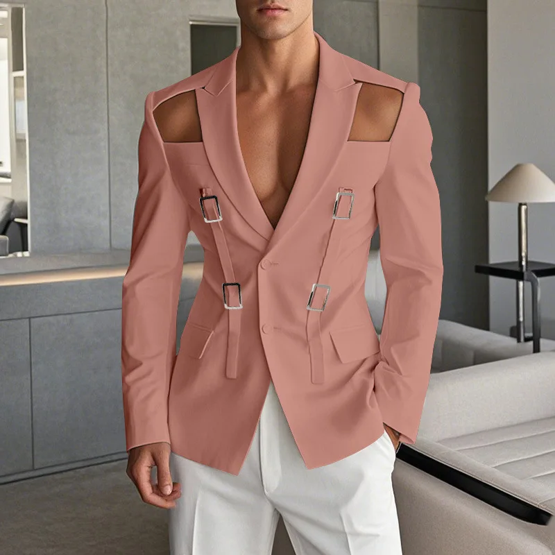 2026 European and American men's fashion hollow metal buckle performance clothes solid color slim suit jacket