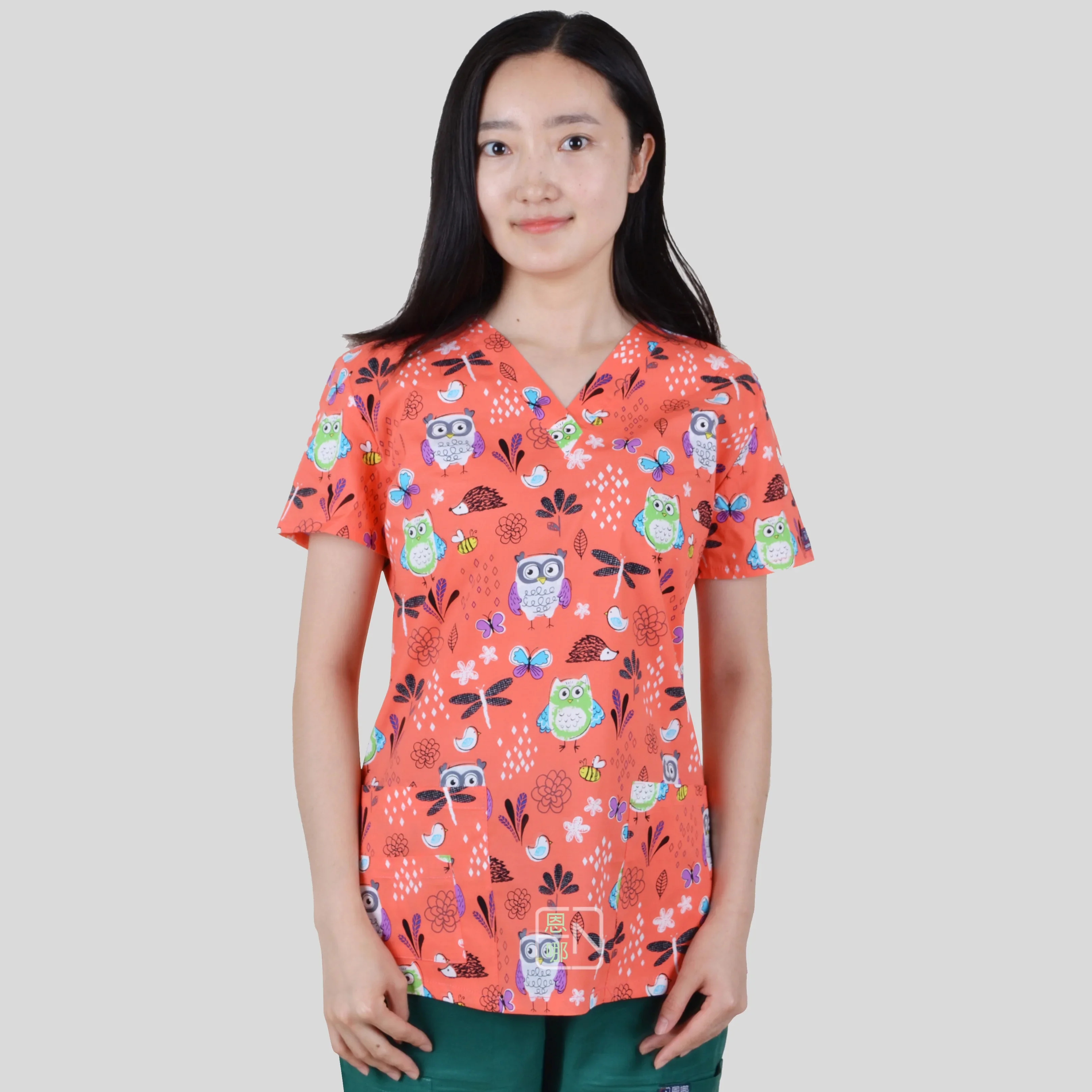 قميص نسائي طبي بلوري، ثوب جراحي مطبوع على شكل بومة ليلية، قميص طبيب بلوري